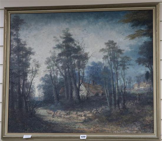 19th century Irish School, oil on canvas, Wooded landscape with cottages and driven sheep